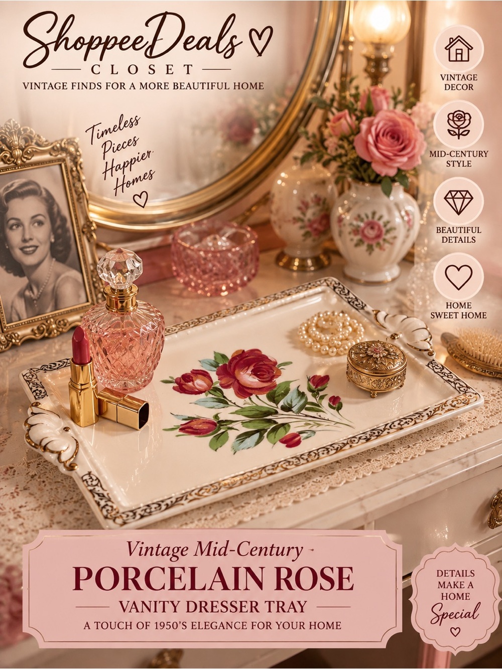 Vintage Mid Century Porcelain Rose Vanity Dresser Tray Gold Trim 13.5”